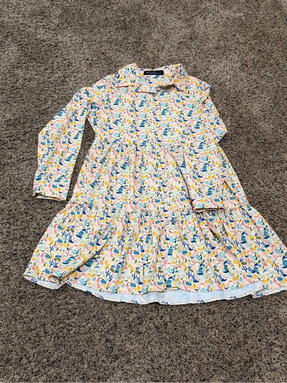 Lucky & Blessed Long-Sleeve Western Print Dress - White/Multi